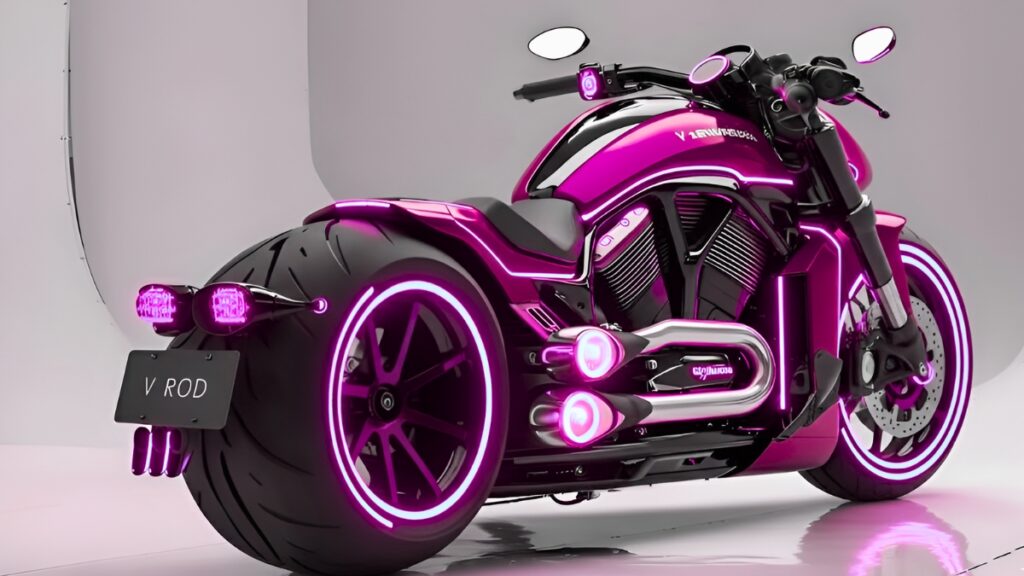 Moto V-Rod Personalizada Estilo Cyberpunk Futurista: Diseño con Luces Neón Rosa y Magenta