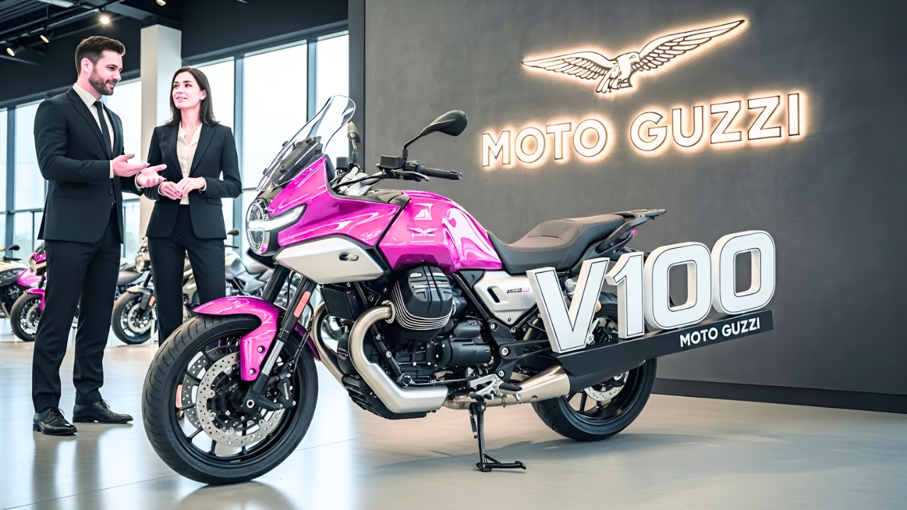 Moto Guzzi V100 Mandello rosa: la sport tourer italiana moderna con diseño llamativo, tecnología avanzada y rendimiento para viajes largos
